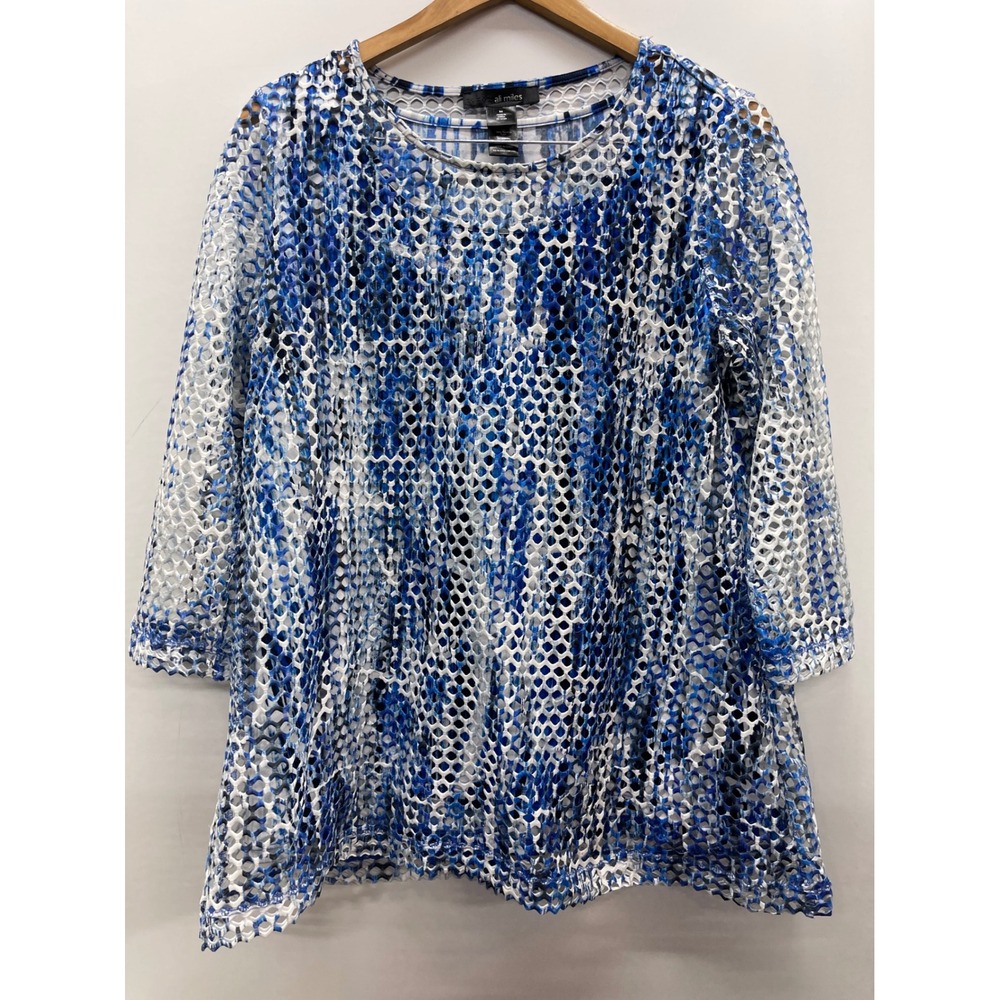Ali Miles Womens Blue White Abstract Mesh Knit 3/4 Sleeve Tunic Top Size M‎